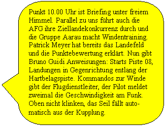 Abgerundete rechteckige Legende: Punkt 10.00 Uhr ist Briefing unter freiem Himmel. Parallel zu uns fhrt auch die AFG ihre Ziellandekonkurrenz durch und die Gruppe Aarau macht Windentraining. Patrick Meyer hat bereits das Landefeld und die Punktebewertung erklrt. Nun gibt Bruno Guidi Anweisungen: Starts Piste 08, Landungen in Gegenrichtung entlang der Hartbelagspiste. Kommandos zur Winde gibt der Flugdienstleiter, der Pilot meldet zweimal die Geschwindigkeit am Funk. Oben nicht klinken, das Seil fllt automatisch aus der Kupplung.