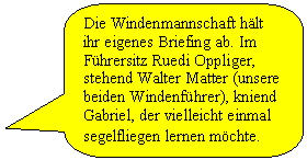 Abgerundete rechteckige Legende: Die Windenmannschaft hlt ihr eigenes Briefing ab. Im Fhrersitz Ruedi Oppliger, stehend Walter Matter (unsere beiden Windenfhrer), kniend Gabriel, der vielleicht einmal  segelfliegen lernen mchte.