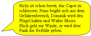 Abgerundete rechteckige Legende: Richi ist schon bereit, das Capot zu schliessen. Hans begibt sich aus dem Gefahrenbereich, Dominik wird den Flgel halten und Walter Moors Blick geht zur Winde, er wird ber Funk die Befehle geben.