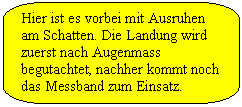 Abgerundete rechteckige Legende: Hier ist es vorbei mit Ausruhen am Schatten. Die Landung wird zuerst nach Augenmass begutachtet, nachher kommt noch das Messband zum Einsatz.